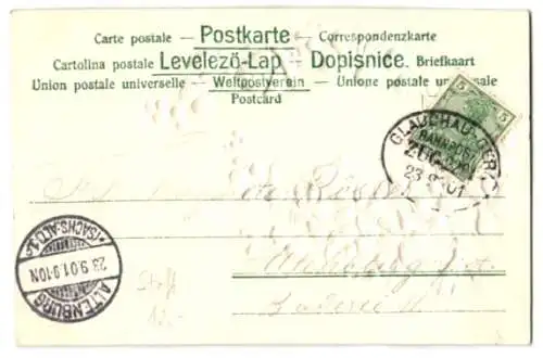 Stoff-Präge-AK Strandlandschaft im Blumenkranz