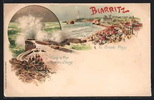 Lithographie Biarritz, Coup de Mer au Raucher de la Vierge, la Grande Plage