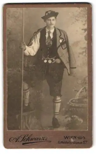 Fotografie A. Schwarz, Wien, Hütteldorferstr. 127, Österreichischer Wandersmann in Tracht mit Wanderstab & Medaillen