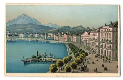 Fotografie B. Diekenmann, Zürich, Ansicht Luzern, Promenade, Dampfer am Anleger