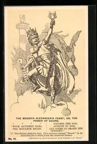 Künstler-AK The Modern Alexander`s Feast, Kaiser Wilhelm II. als Blitzschleuderer Zeus