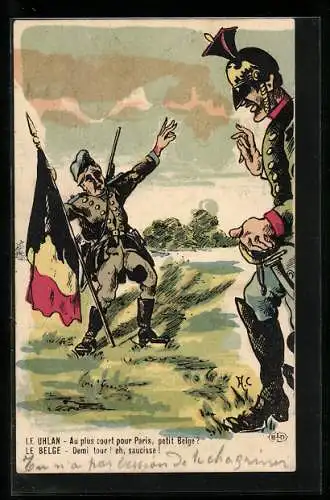 Künstler-AK Belgischer Soldat mit Fahne vor grossem deutschem Soldat, Propaganda Entente