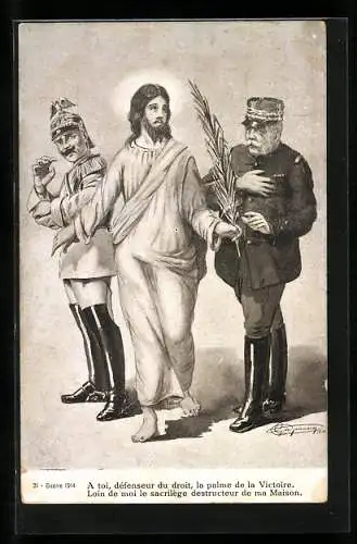 Künstler-AK Jesus mit Wilhelm II. und Maréchal Foch, Propaganda Entente