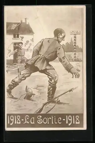 Künstler-AK Deutscher Soldat flüchtet 1918, Propaganda Entente