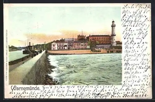 AK Warnemünde, Blick vom Meer mit Leuchtturm