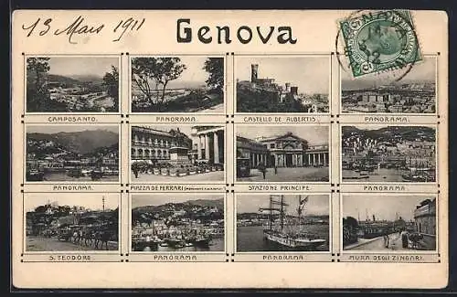 AK Genova, Stazione Principale, Castello de Albertis, S. Teodoro, Segelschiff, Pferdegespann