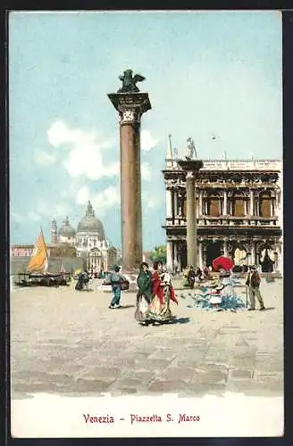 Lithographie Venezia / Venedig, Piazzetta S. Marco, Markusplatz mit Säule