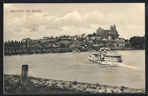 AK Breisach, Totale mit Rheindampfer, Münster, Schiffbrücke