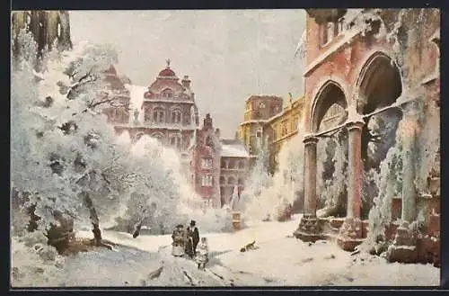 Künstler-AK Heidelberg / Neckar, Hof des Schlosses im Winter