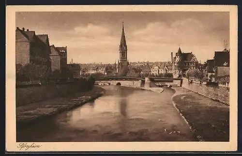 AK Pforzheim, Ortsansicht mit Brücke und Kirche