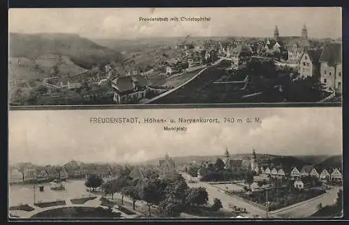 AK Freudenstadt, Marktplatz-Panorama von oben, Ortsansicht mit Christophstal aus der Vogelschau