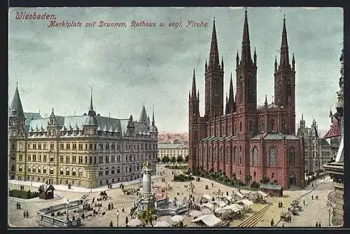 AK Wiesbaden, Marktplatz mit Brunnen, Rathaus u. engl. Kirche