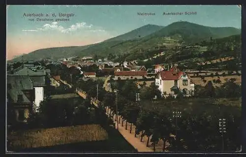 AK Auerbach a. d. Bergstrasse, Ortsansicht mit Melibokus und Auerbacher Schloss von Bensheim aus