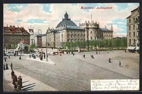 AK München, Justizpalast, Strassenbahn