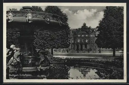 AK Stuttgart, Brunnen mit Schlossplatz