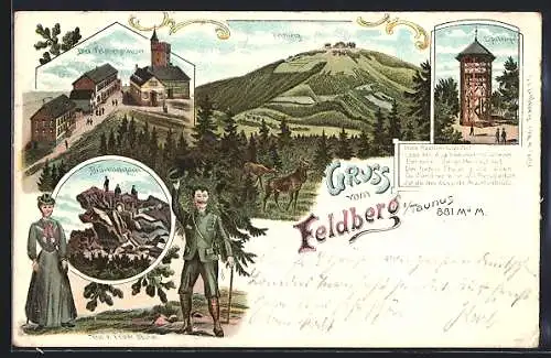 Lithographie Feldberg / Taunus, Lipstempel, Brunhildisfelsen, Drei Feldberghäuser, Wanderer