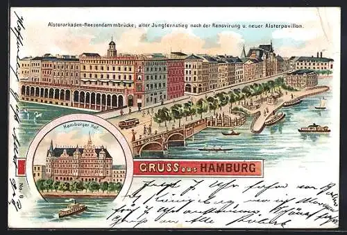 Lithographie Hamburg, Hotel Hamburger Hof, Alsterarkaden-Reesendammbrücke