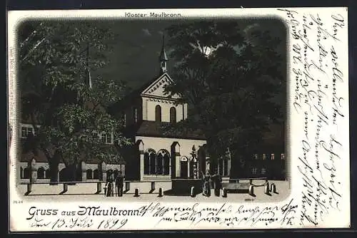 Lithographie Maulbronn, Passanten und Brunnen vor der Kirche