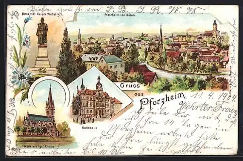 Lithographie Pforzheim, Rathaus, Denkmal Kaiser Wilhelm I., Neue ev. Kirche