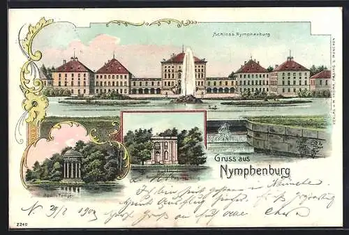 Lithographie München-Nymphenburg, Schloss, Apollo-Tempel und Pagodenburg