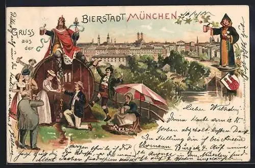 Lithographie München, feiernde Stadtbewohner vor einem Riesenfass, Münchner Kindl prostet der Stadt zu