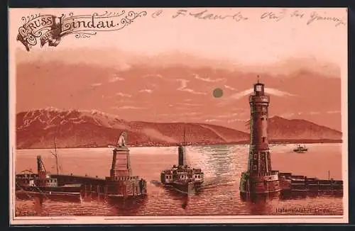 Lithographie Lindau / Bodensee, Hafeneinfahrt mit Leuchtturm und Dampfer