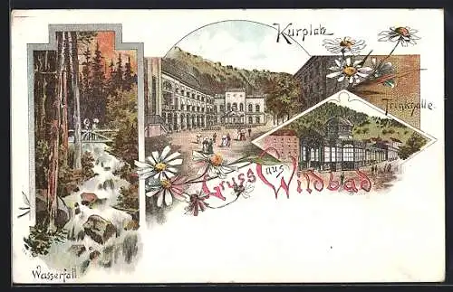 Lithographie Wildbad / Schwarzwald, Kurplatz, Wasserfall, Trinkhalle