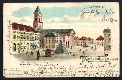 Lithographie Karlsruhe, Blick auf den Marktplatz