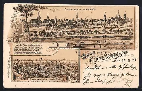 Lithographie Germersheim a. Rhein, Totalansicht anno 1645, Totalansicht anno 1898