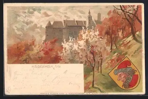 Lithographie Heidenheim a. Br., Schloss Hellenstein mit Wappen