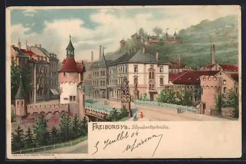 Lithographie Freiburg i. B., Partie an der Schwabenthorbrücke