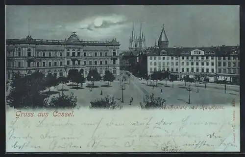 Mondschein-AK Cassel, Königsplatz und Hauptpost