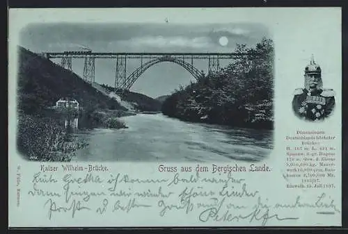 Mondschein-AK Müngsten /Bergisches Land, Eisenbahn auf der Kaiser Wilhelm-Brücke, Kaiser Wilhelm I.