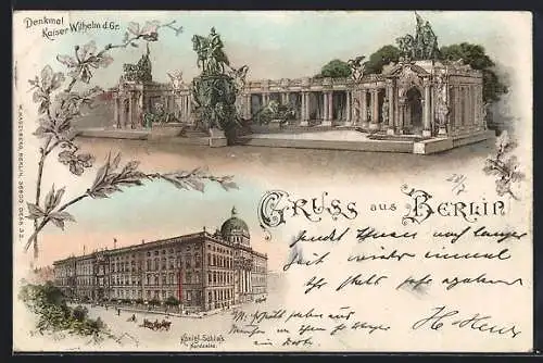 Lithographie Berlin, Denkmal Kaiser Wilhelm der Grosse, Nordseite des Schlosses