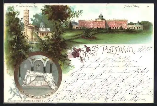 Lithographie Potsdam, Blick aufs Neue Palais, Friedenskirche, Mausoleum Kaiser Friedrich