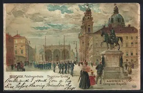 Lithographie München, Feldherrn-Halle u. Theatiner-Kirche mit Denkmal Ludwig I. von Bayern und Soldaten