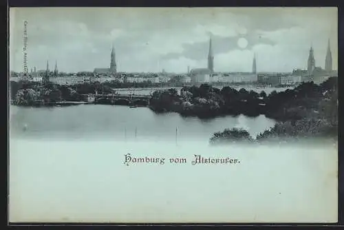 Mondschein-AK Hamburg-Rotherbaum, Blick vom Alsterufer