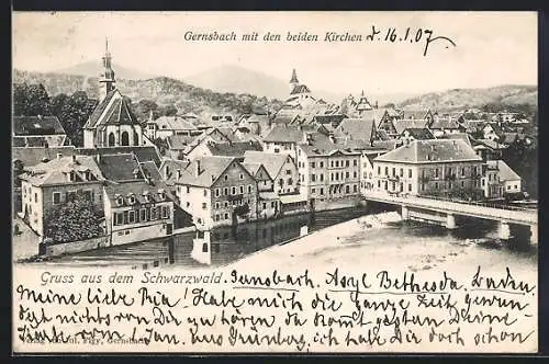 AK Gernsbach, Gernsbach mit den beiden Kirchen und Murgbrücke