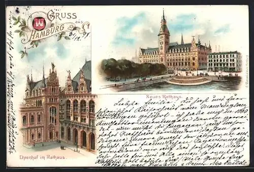 Lithographie Hamburg, Neues Rathaus und Ehrenhof