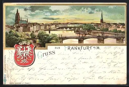 Lithographie Frankfurt a. M., Panorama mit Brücken, Wappen