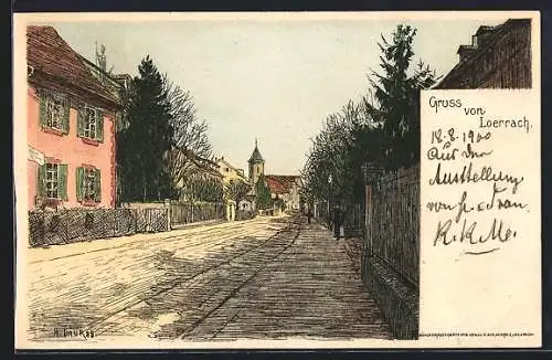 Künstler-Lithographie Hermann Daur: Loerrach, Strassenpartie