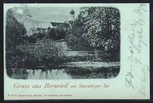 Mondschein-AK Bernried am Starnberger See, Uferpartie mit Kirche