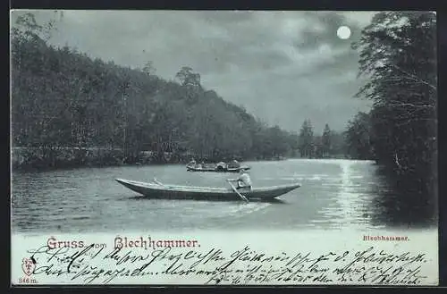 Mondschein-AK Blechhammer / Kaiserslautern, Ruderboote auf dem Fluss