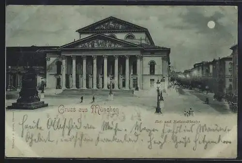 Mondschein-AK München, Hof- und Nationaltheater mit Denkmal