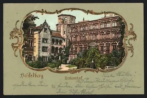 AK Heidelberg, Schlosshof in goldenem Rahmen