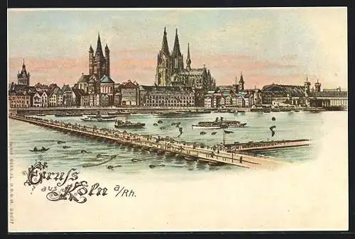 Lithographie Köln, Panorama mit Dom, leuchtende Fenster