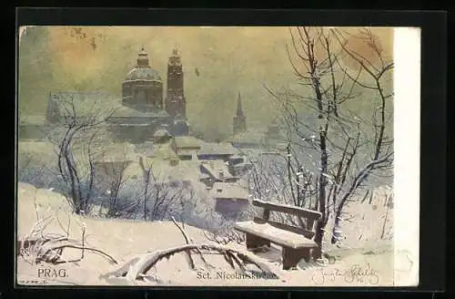 Künstler-AK Jaroslav Setelik: Prag, Sct. Nikolauskirche im Schnee