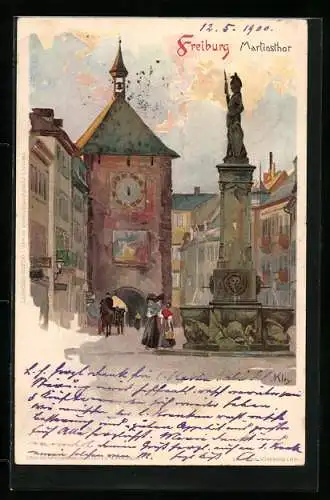 Künstler-AK Heinrich Kley: Freiburg, Martinstor mit Leuten in Trachten um 1900