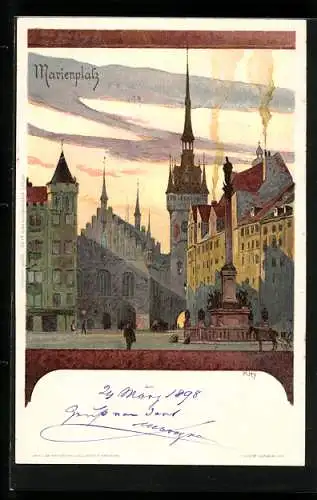 Künstler-AK Heinrich Kley: München, Marienplatz mit Häusern