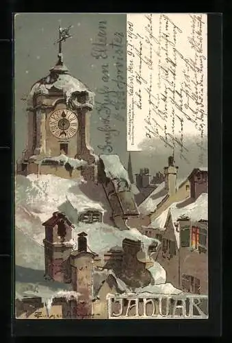 Künstler-AK T.Guggenberger: Allegorie, Januar, Kirche mit Schnee bedeckt